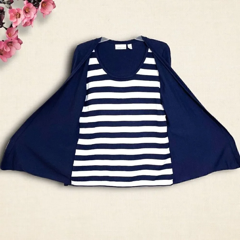 Navy & White Stripe Pullover Faux Cardigan Sweater Sz L 12-14